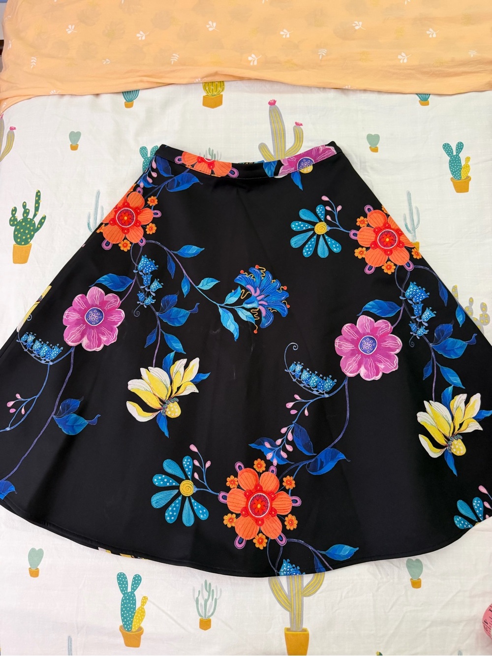 Floral A-Line Midi Skirt in Black with Multicolor Blooms